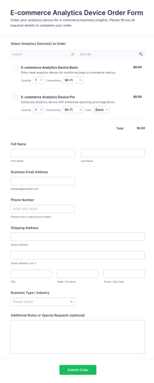 E Commerce Analytics Device Order Form Template