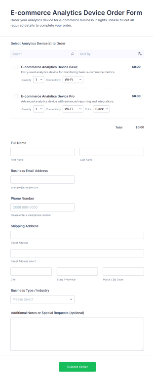 E Commerce Analytics Device Order Form Template