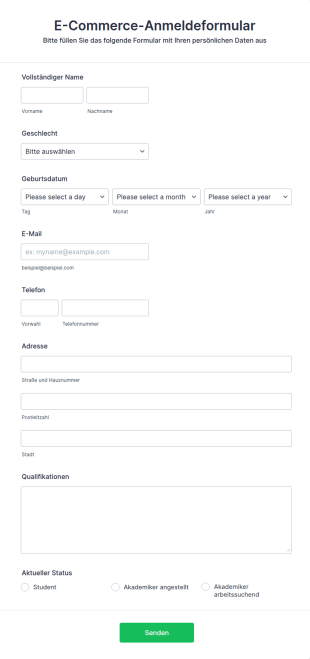 E Commerce Anmeldeformular