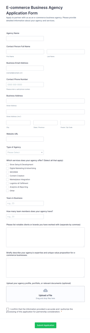 E Commerce Business Agency Application Form Template