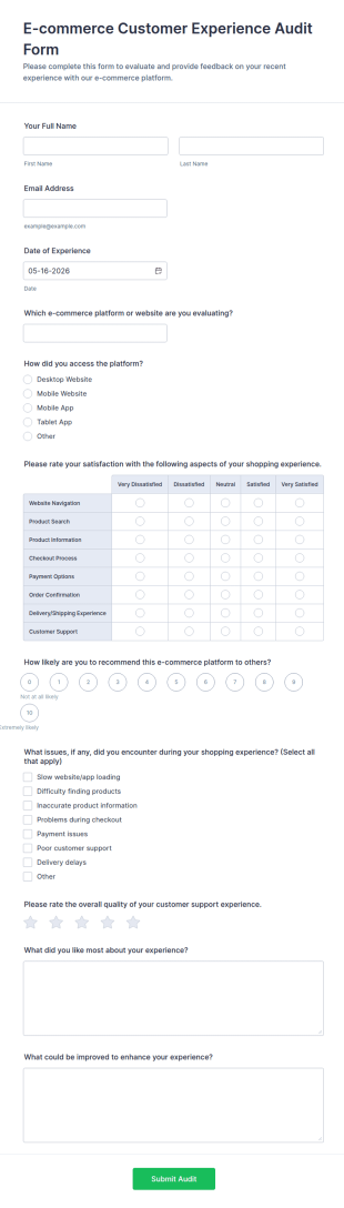 E Commerce Customer Experience Audit Form Template