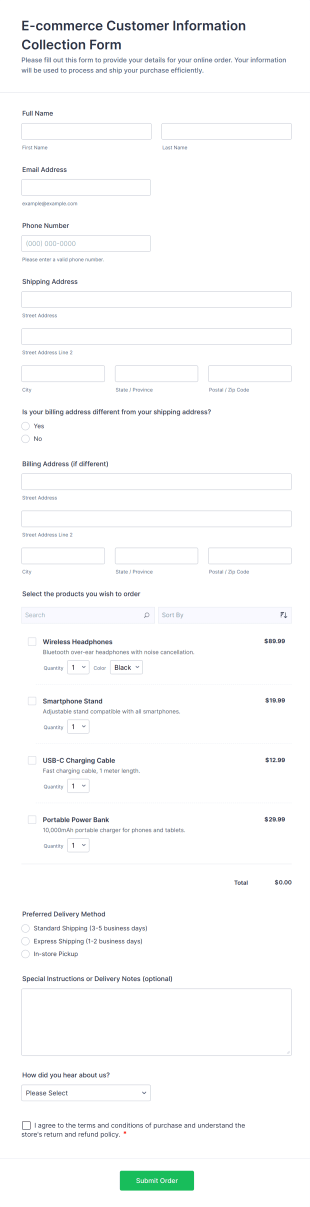 E Commerce Customer Information Collection Form Template