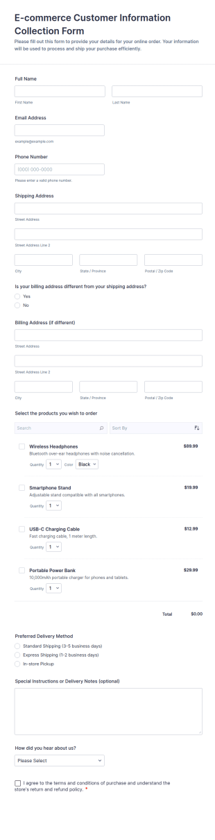 E Commerce Customer Information Collection Form Template