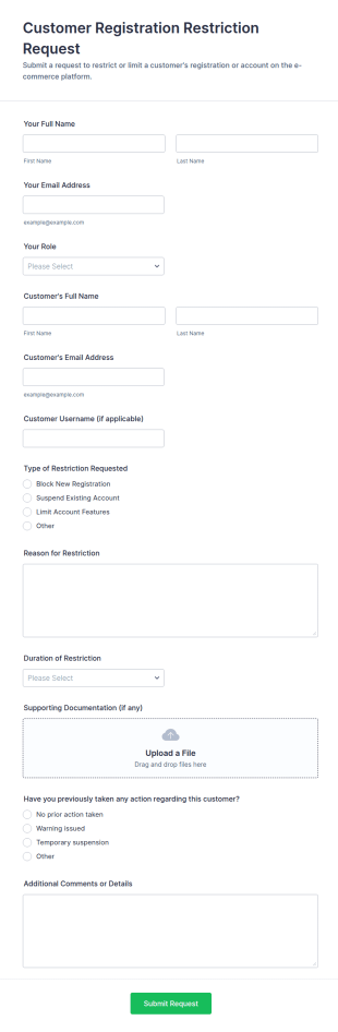 E Commerce Customer Registration Restriction Request Form Template