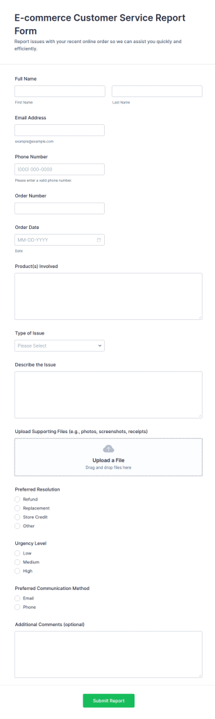 E Commerce Customer Service Report Form Template