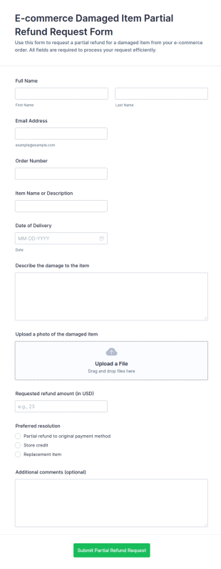 E Commerce Damaged Item Partial Refund Request Form Template