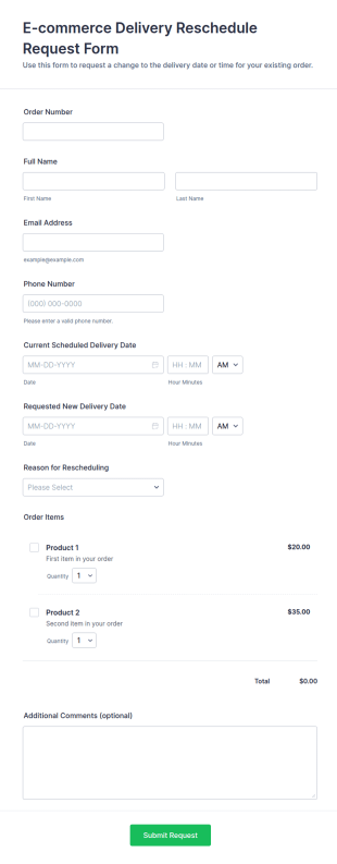 E Commerce Delivery Reschedule Request Form Template