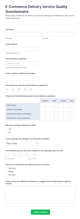 E Commerce Delivery Service Quality Questionnaire Form Template