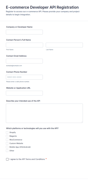 E Commerce Developer API Registration Form Template