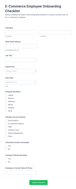 E Commerce Employee Onboarding Checklist Form Template