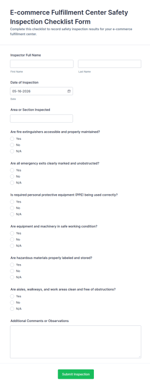 E Commerce Fulfillment Center Safety Inspection Checklist Form Template