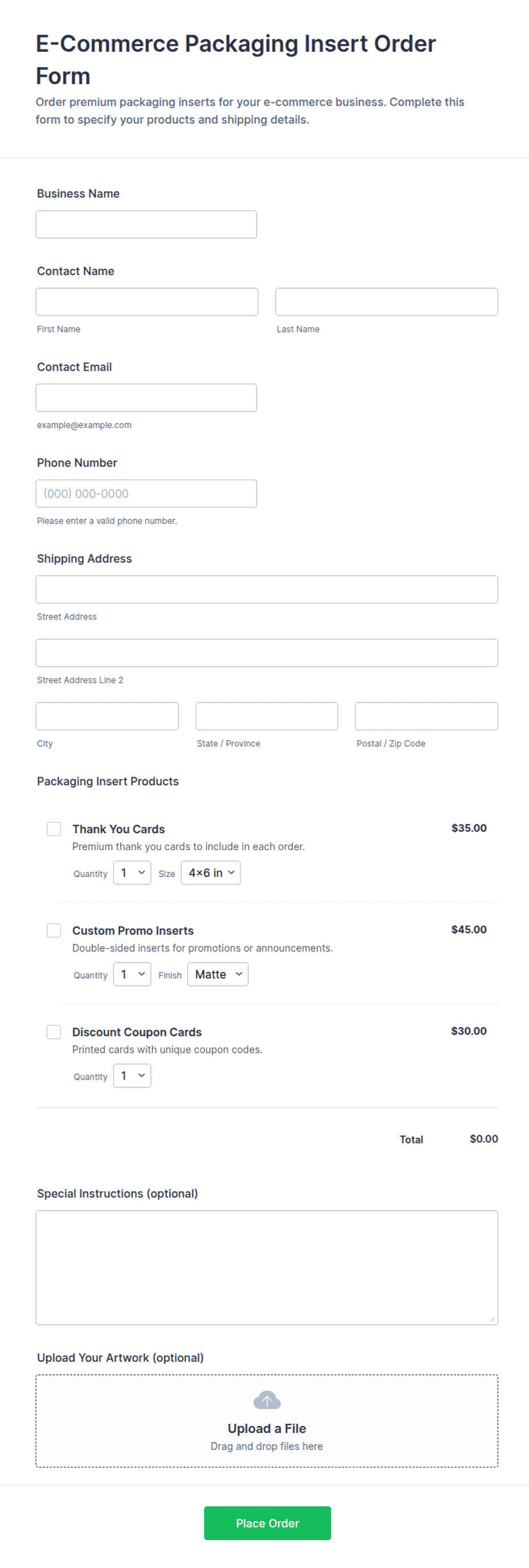 E-Commerce Packaging Insert Order Form Template | Jotform