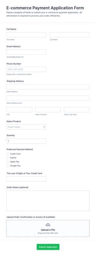 E Commerce Payment Application Form Template
