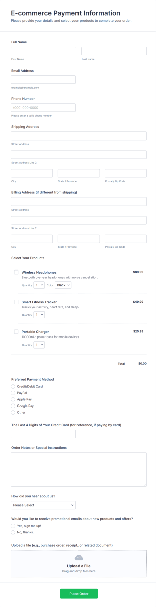 E Commerce Payment Information Form Template