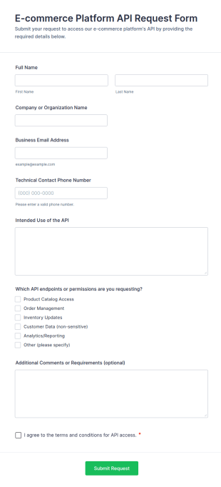 E Commerce Platform API Request Form Template