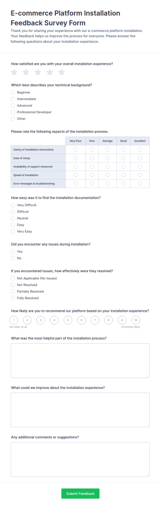 E Commerce Platform Installation Feedback Survey Form Template
