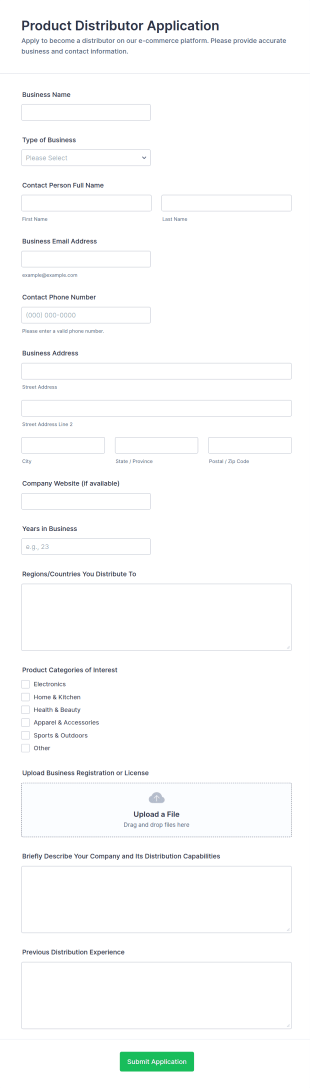 E Commerce Platform Product Distributor Application Form Template
