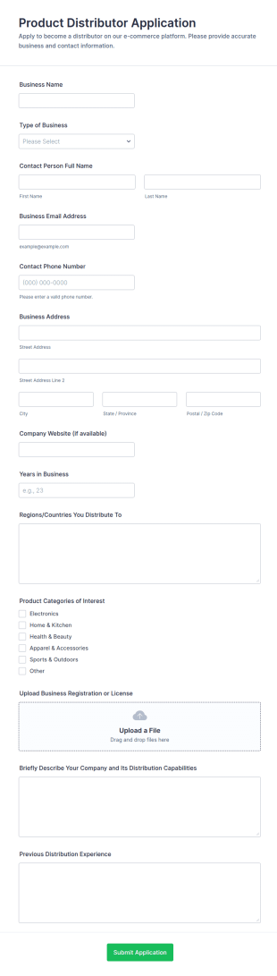 E Commerce Platform Product Distributor Application Form Template