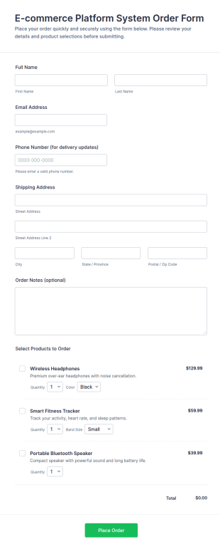E Commerce Platform System Order Form Template