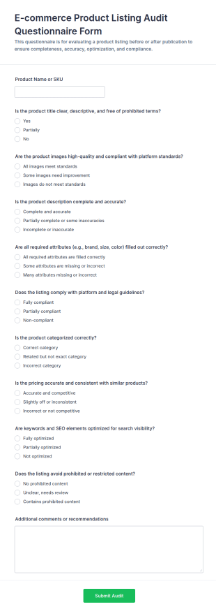 E Commerce Product Listing Audit Questionnaire Form Template