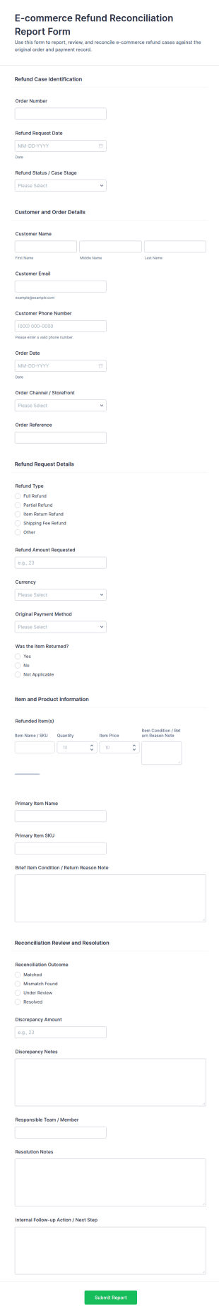 E Commerce Refund Reconciliation Report Form Template