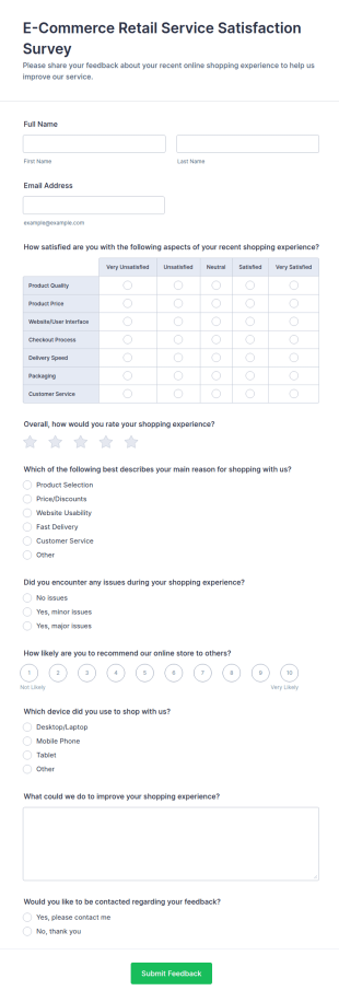E Commerce Retail Service Satisfaction Survey Form Template