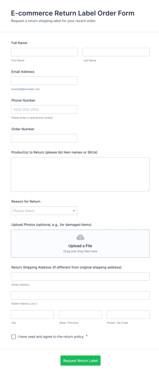 E Commerce Return Label Order Form Template