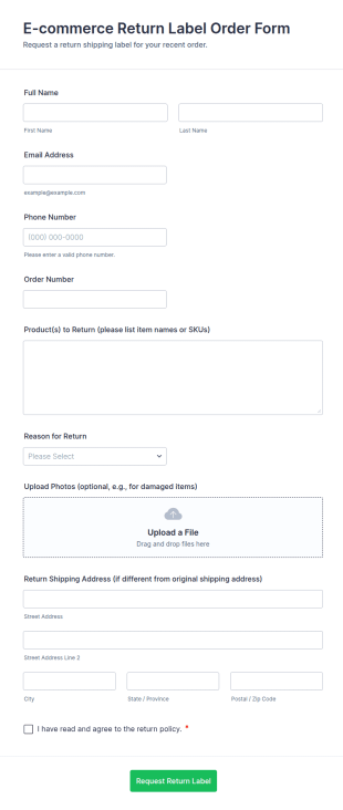 E Commerce Return Label Order Form Template