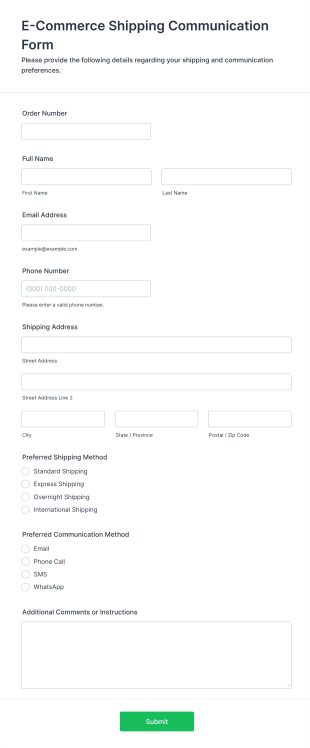 E Commerce Shipping Communication Form Template