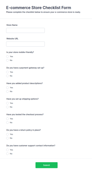 E Commerce Store Checklist Form Template