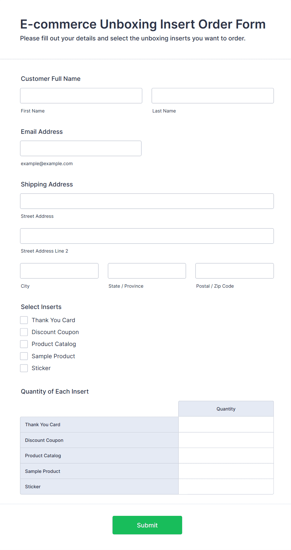 Inset Order E-commerce Unboxing Insert Order Form Template | Jotform