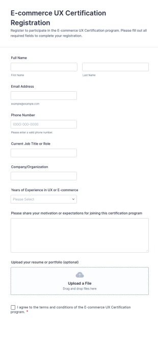 E Commerce UX Certification Registration Form Template