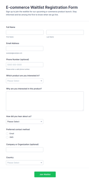E Commerce Waitlist Registration Form Template