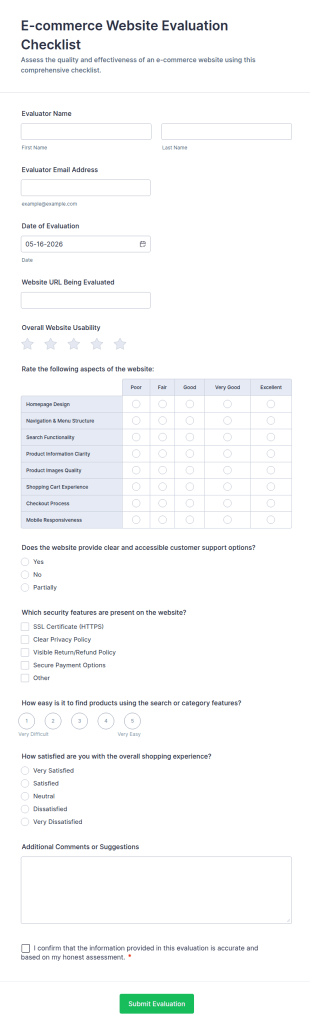 E Commerce Website Evaluation Checklist Form Template