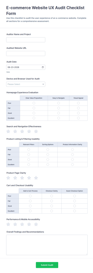E Commerce Website UX Audit Checklist Form Template