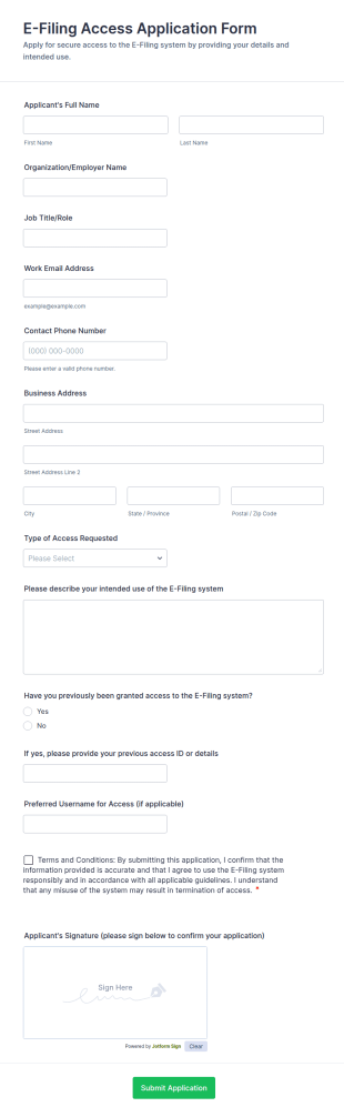 E Filing Access Application Form Template