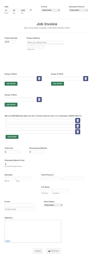 Job Invoice Form Template