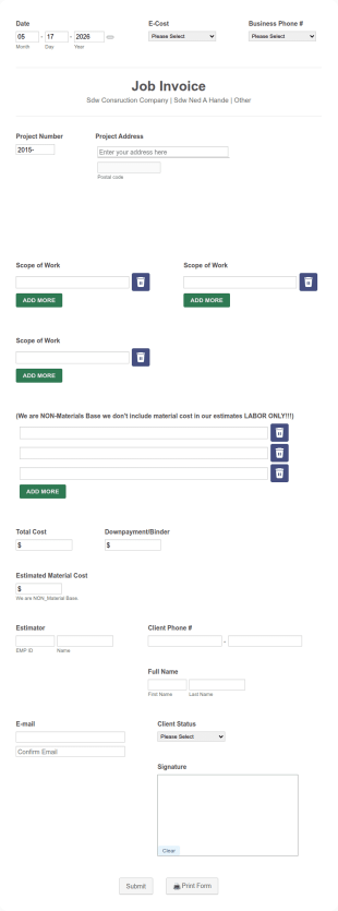 Job Invoice Form Template