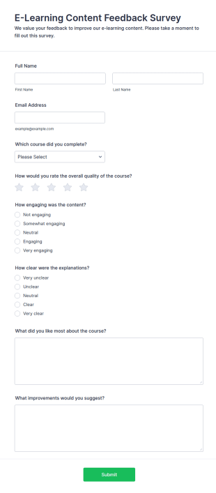 E Learning Content Feedback Survey Form Template