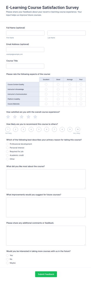 E Learning Course Satisfaction Survey Form Template