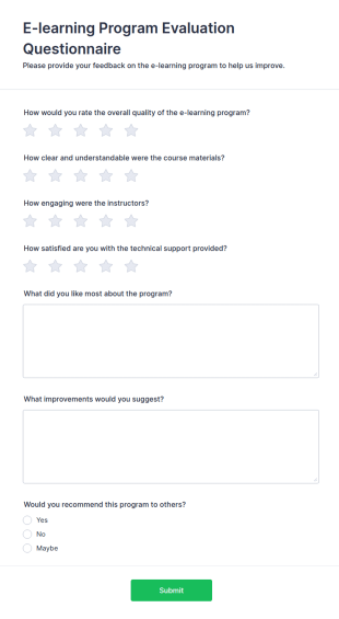 E Learning Program Evaluation Questionnaire Form Template
