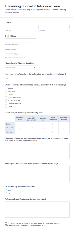 E Learning Specialist Interview Form Template