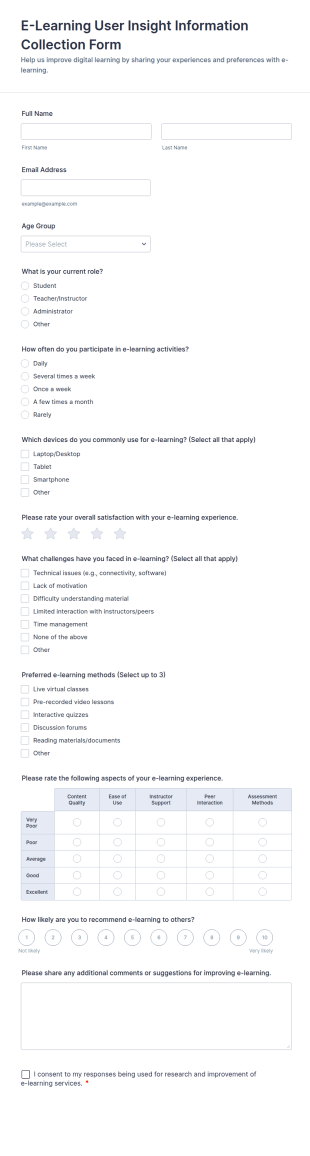E Learning User Insight Information Collection Form Template
