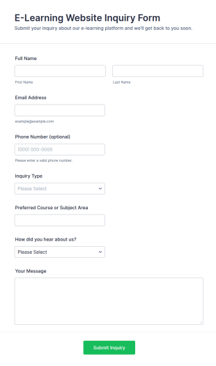 E Learning Website Inquiry Form Template