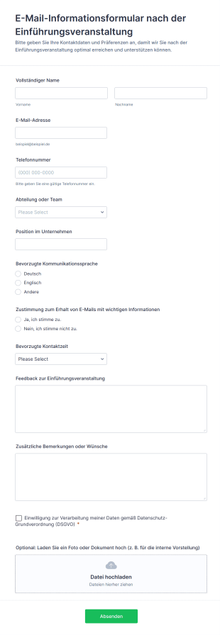 E Mail Informationsformular Nach Der Einführungsveranstaltung