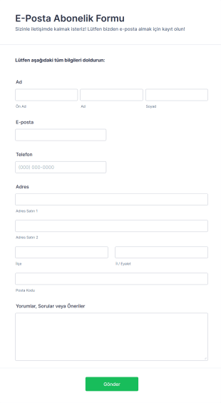 E Posta Abonelik Form Template