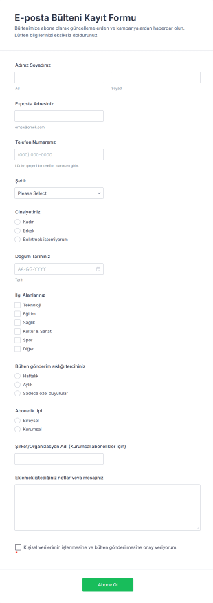 E Posta Bülteni Kayıt Form Şablonu