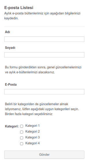 E Posta Listesi Form Şablonu