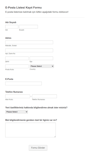 E Posta Listesi Kayıt Formu 2 Form Şablonu