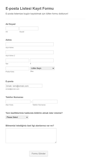 E Posta Listesi Kayıt Form Template